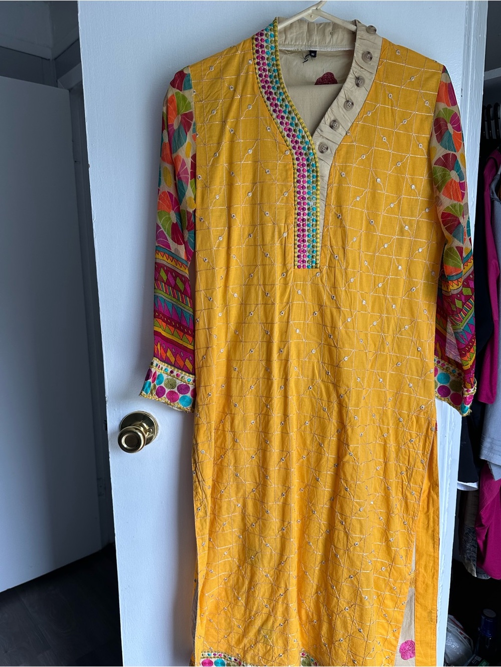Vibrant Yellow Embroidered Kurta with Multicolor Sleeves